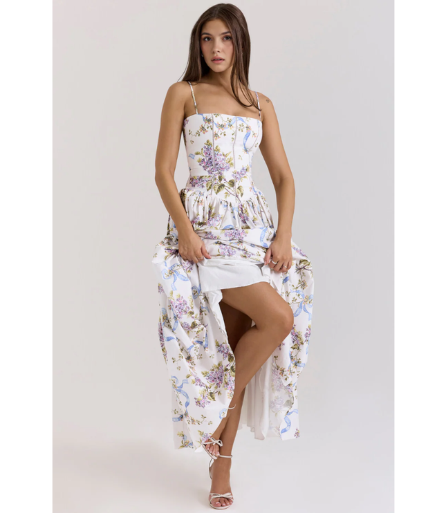 Women's floral maxi dress with square neckline, thin straps, and gathered skirt in white