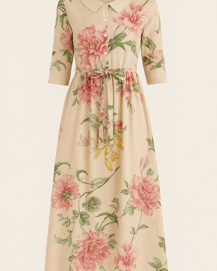 Front view of floral midi dress with collar neckline and tie waist detail