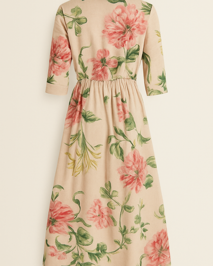 Back view of beige floral midi dress showing full skirt and three-quarter sleeves