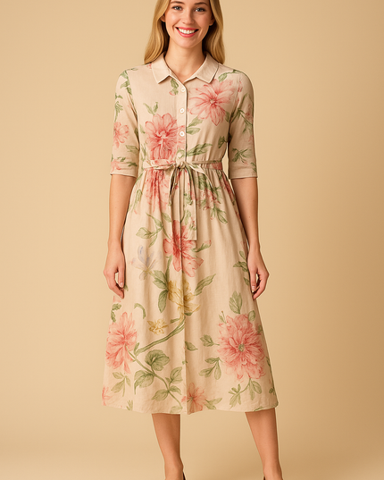 Beige floral midi shirt dress with pink peonies and green leaves, three-quarter sleeves