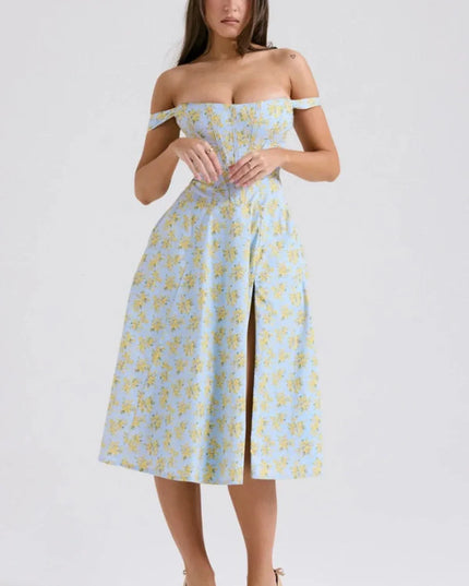 Front view of a floral off shoulder midi dress with structured top and center slit