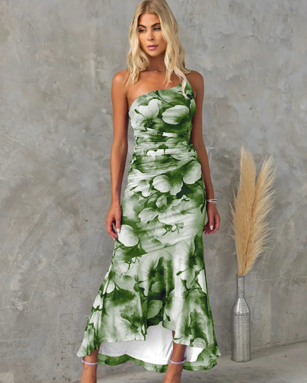 Green floral one shoulder midi dress with ruched waist and asymmetrical hemline
