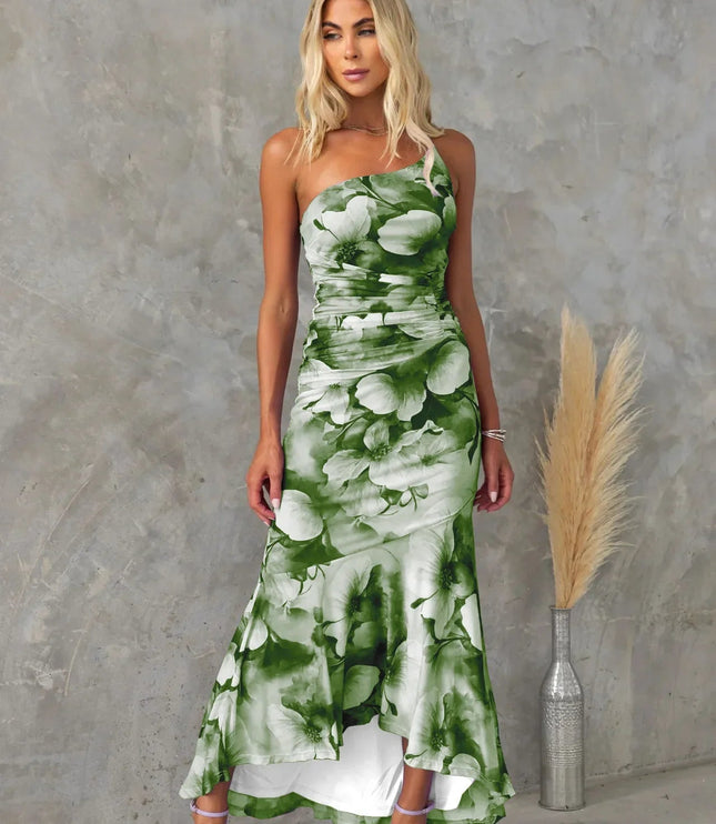 Green floral one shoulder midi dress with ruched waist and asymmetrical hemline