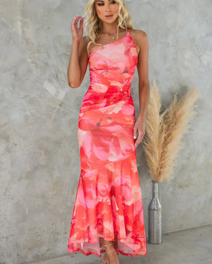 Coral floral one shoulder midi dress shown in a fit with ruched waist detail