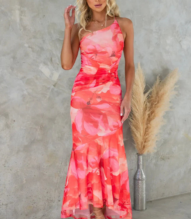 Coral floral one shoulder midi dress shown in a fit with ruched waist detail