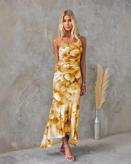 Green floral one shoulder midi dress with fitted silhouette and flowing midi length