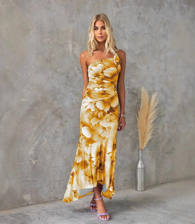 Green floral one shoulder midi dress with fitted silhouette and flowing midi length