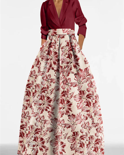 Burgundy shirt collar maxi dress with red and cream floral print skirt