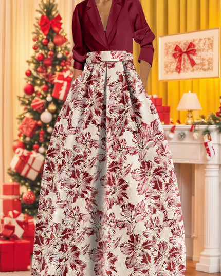 Burgundy blazer top with full floral maxi skirt in red cream botanical print