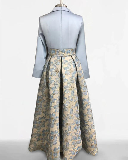Back view of cream collar shirt dress with full floral ball gown skirt