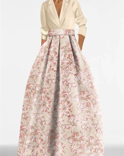 Pink collar shirt dress with rose and cream floral ball gown skirt