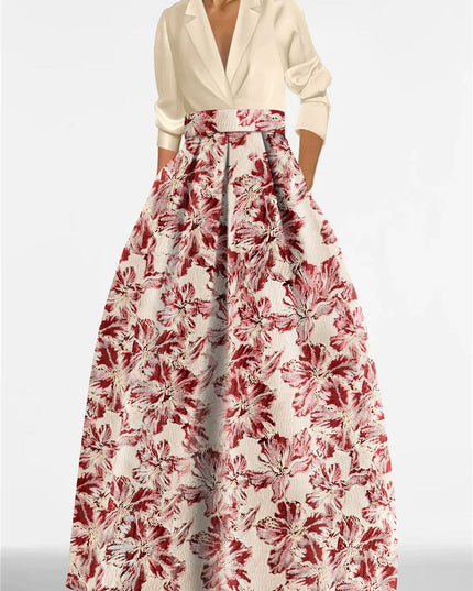 Blush pink collar shirt maxi dress with rose floral printed skirt