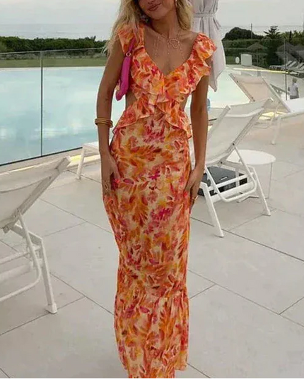 Women's floral ruffle maxi dress with V-neck, open back, and fitted summer silhouette