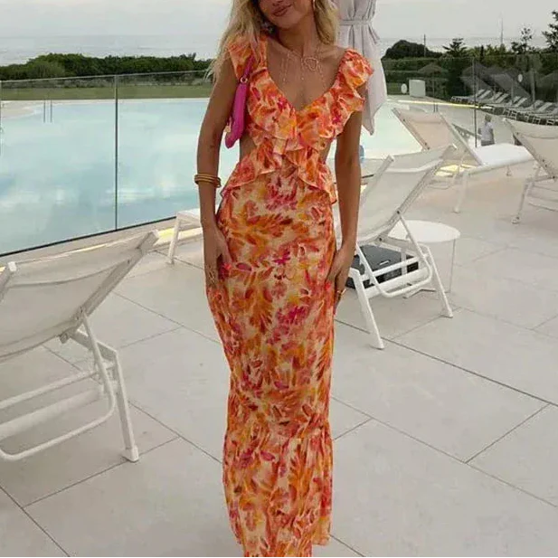 Women's floral ruffle maxi dress with V-neck, open back, and fitted summer silhouette