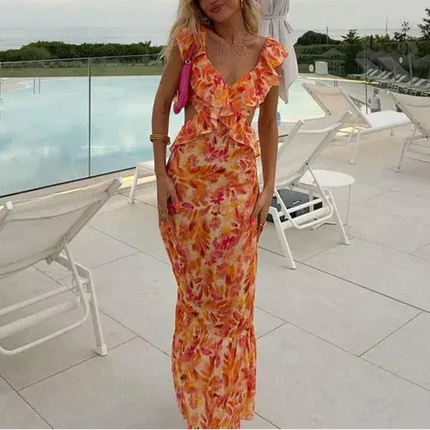 Women's floral ruffle maxi dress with V-neck, open back, and fitted summer silhouette