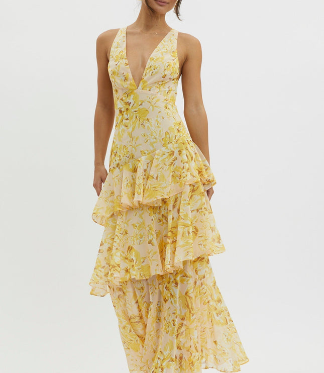 Yellow floral v-neck midi dress with tiered ruffled skirt full length