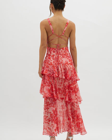 Back view of red floral midi dress with lace-up straps