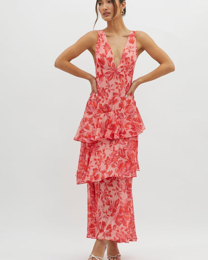 Red floral v-neck midi dress with layered ruffled skirt front