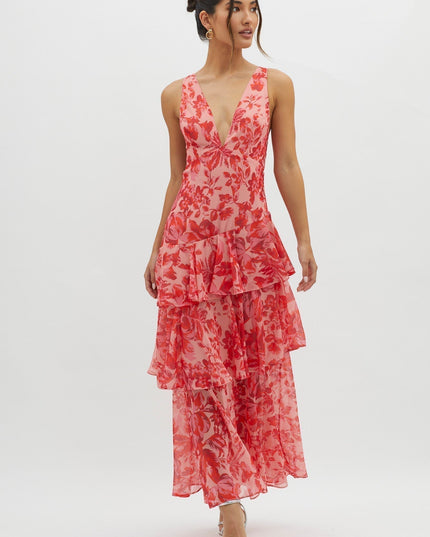 Red floral sleeveless midi dress with tiered ruffle layers