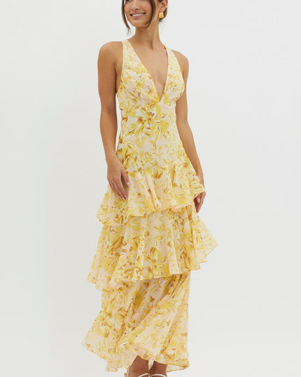 Yellow floral v-neck midi dress with cascading ruffled tiers