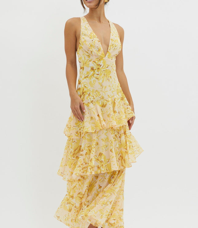 Yellow floral v-neck midi dress with cascading ruffled tiers