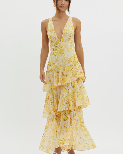 Yellow floral v-neck sleeveless midi dress with layered ruffles