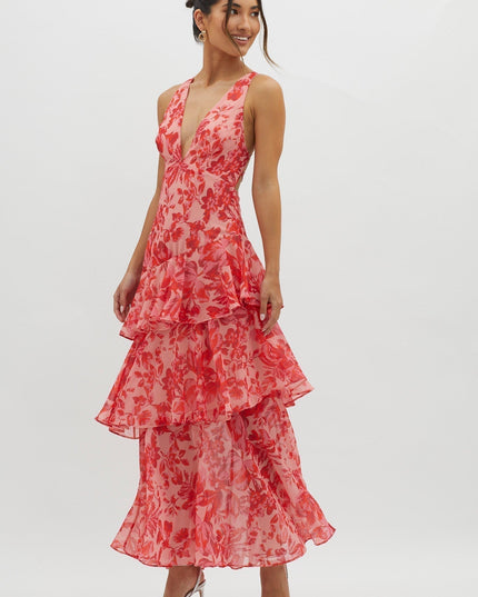Red floral midi dress with v-neck and tiered ruffled skirt