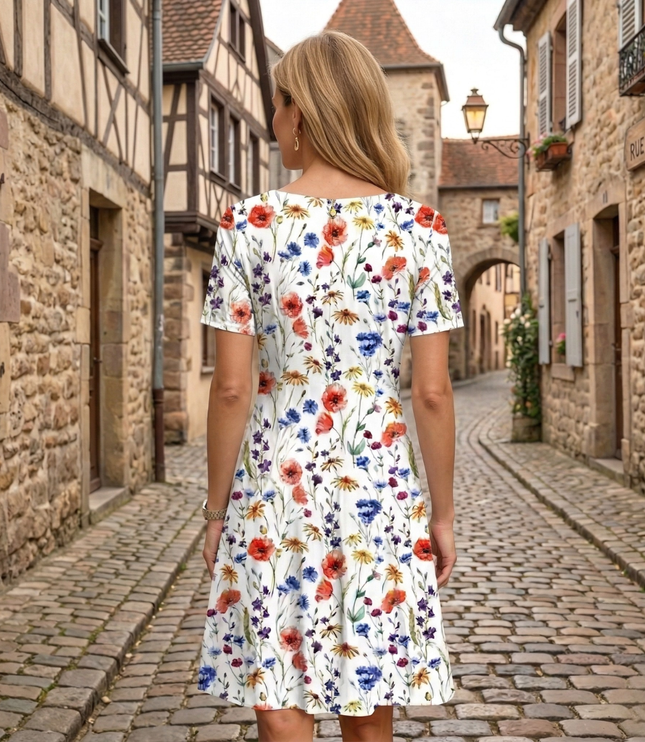 Back view of women's floral midi dress with scoop neckline and short sleeves