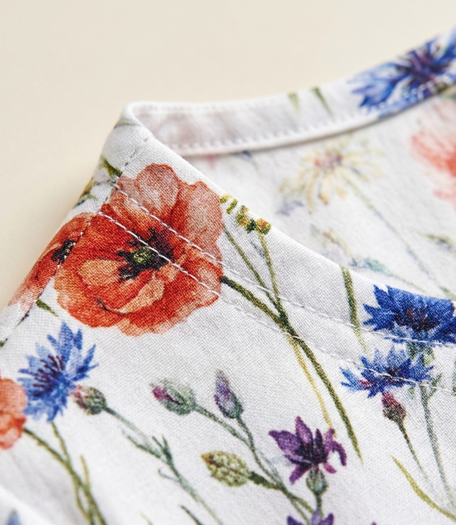 Close-up of floral scoop neck midi dress fabric with red, blue, and purple flowers