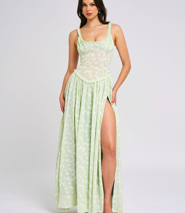 Sleeveless scoop neck maxi dress in pale green floral print with gathered skirt
