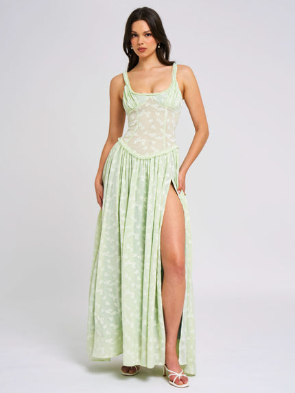 Sleeveless scoop neck maxi dress in pale green floral print with gathered skirt