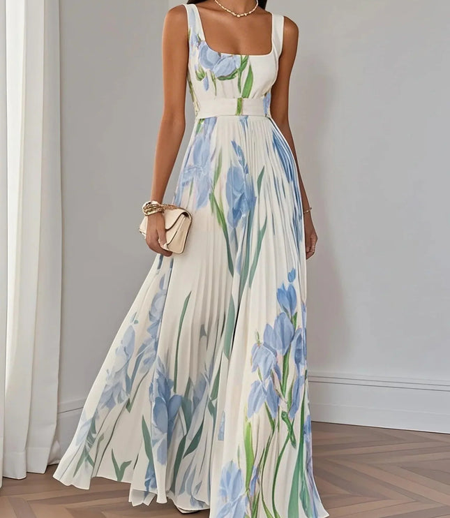 Women's summer floral sleeveless maxi dress in blue and green print with square neckline and pleats