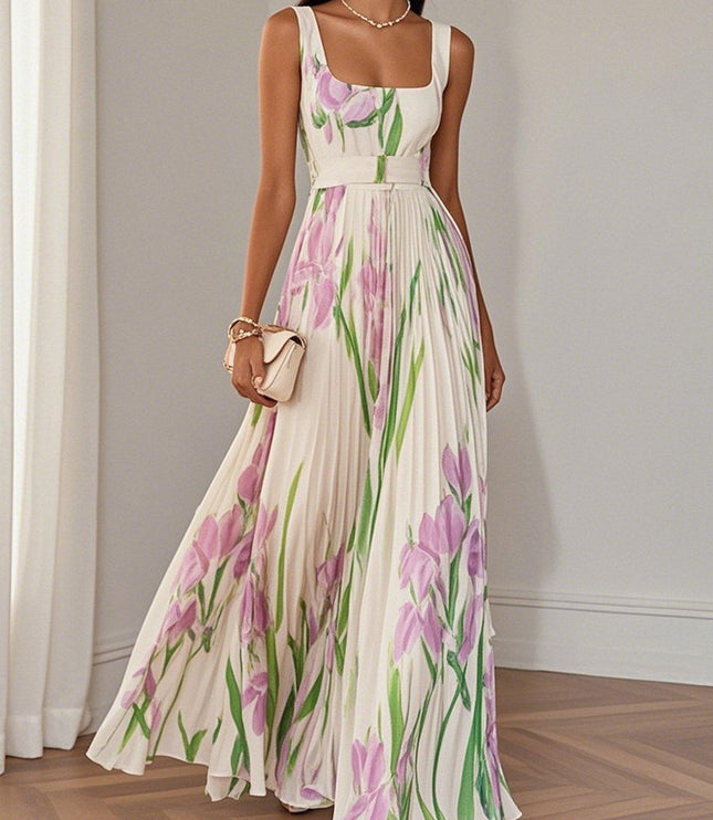 Women's floral sleeveless maxi dress with pink and green print, square neckline and pleated skirt