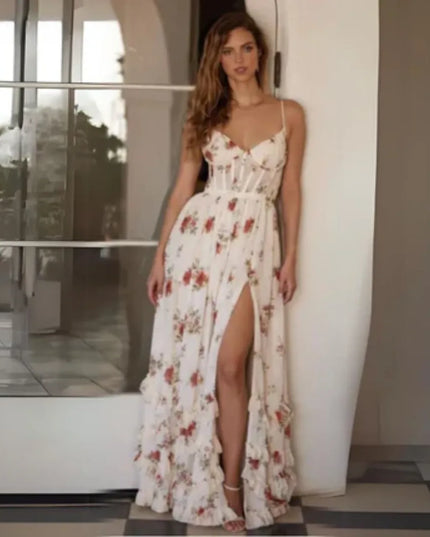 Full length cream floral maxi dress with tiered hem and open back