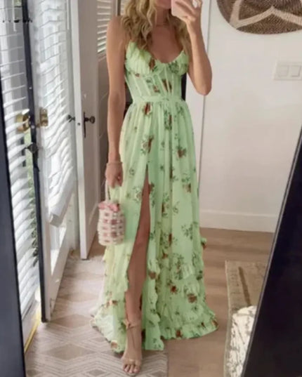 Green floral spaghetti strap maxi dress with corset bodice and slit