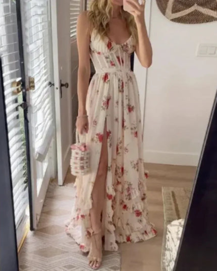 Cream floral spaghetti strap maxi dress with corset bodice and thigh slit