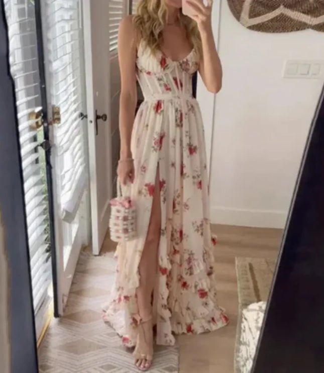 Cream floral spaghetti strap maxi dress with corset bodice and thigh slit