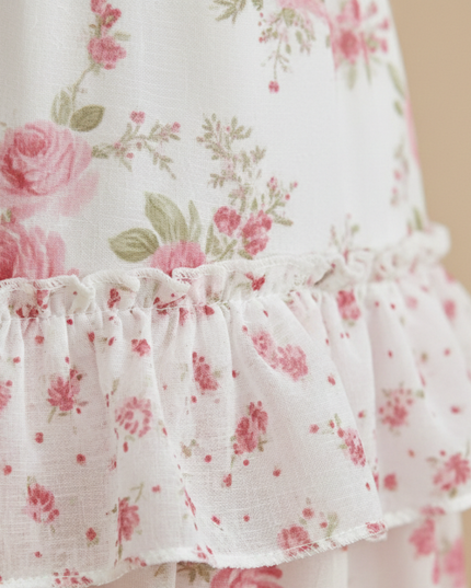 Close-up of floral maxi dress fabric with square neck ruffle trim and tiered waist