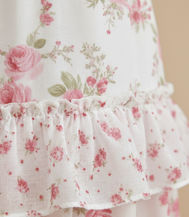 Close-up of floral maxi dress fabric with square neck ruffle trim and tiered waist