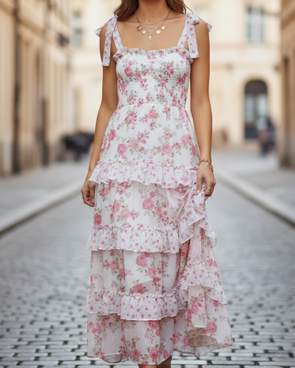Women's floral square neck maxi dress with tie straps and tiered ruffle skirt