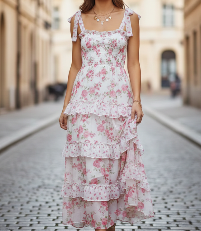 Women's floral square neck maxi dress with tie straps and tiered ruffle skirt