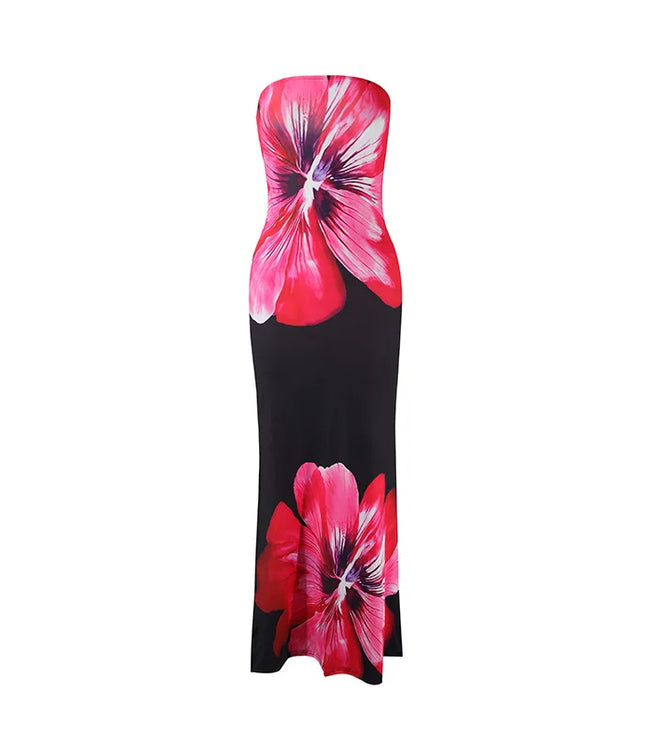 Black floral strapless maxi dress with pink flower print and flowing maxi hem