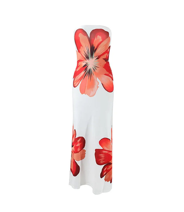 Back view of blue floral strapless maxi dress with cream skirt and large flower detail