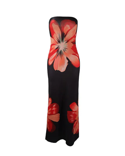 White floral strapless maxi dress with red blossoms and straight floor-length silhouette