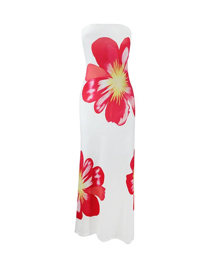 Black floral strapless maxi dress with red and pink flower print and fitted long silhouette