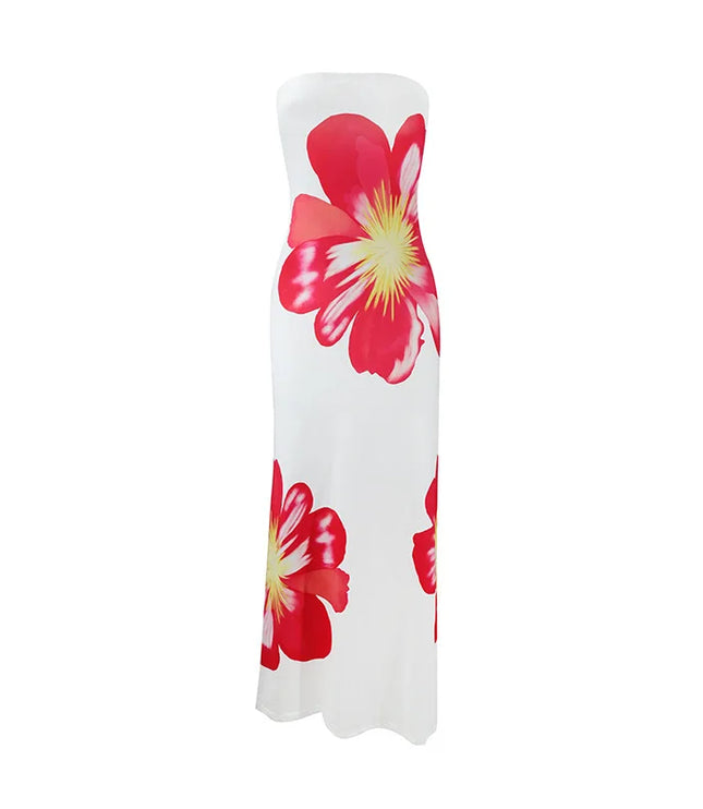 Black floral strapless maxi dress with red and pink flower print and fitted long silhouette