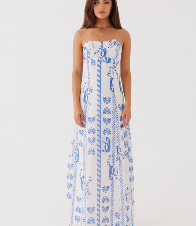 Vestido maxi floral de verano sin tirantes con fruncidos y corte en A para mujer