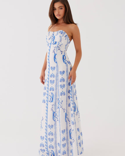 Vestido maxi floral de verano sin tirantes con fruncidos y corte en A para mujer