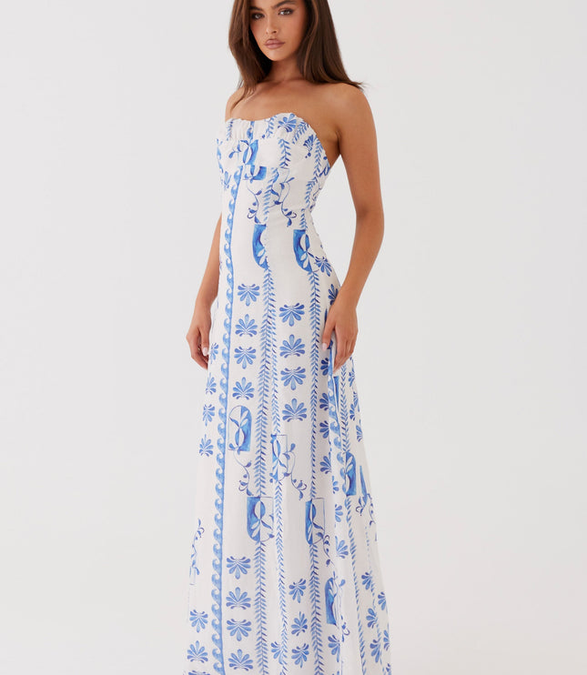 Vestido maxi floral de verano sin tirantes con fruncidos y corte en A para mujer