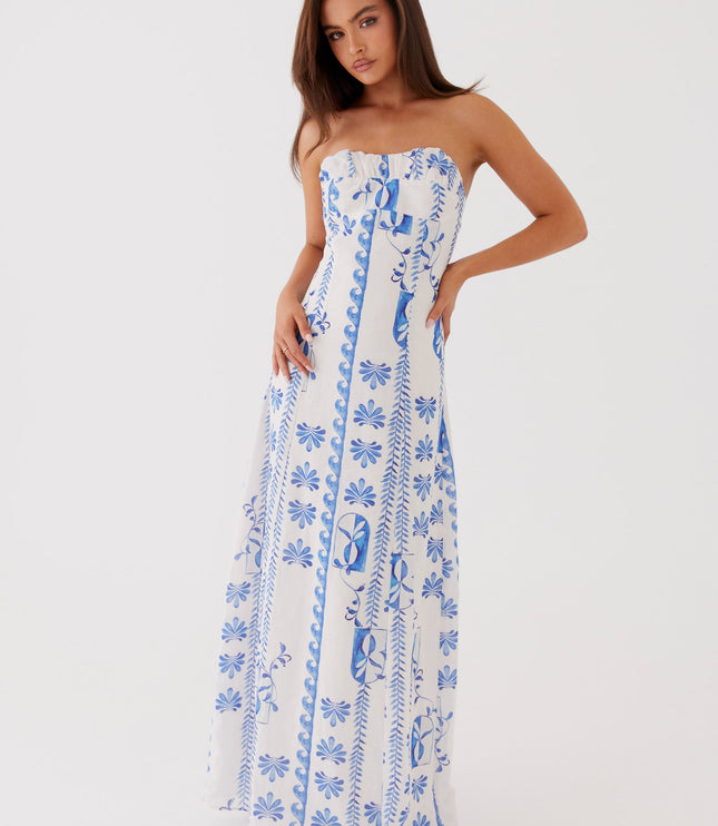 Vestido maxi floral de verano sin tirantes con fruncidos y corte en A para mujer